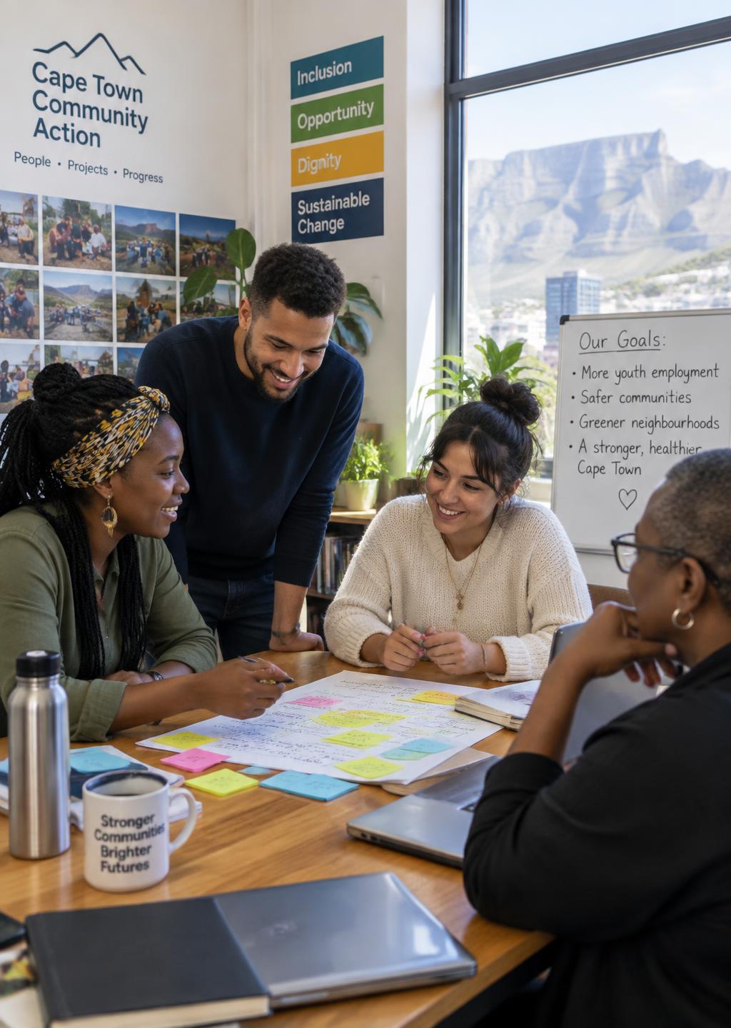 Team collaborating in a bright Cape Town community organization office