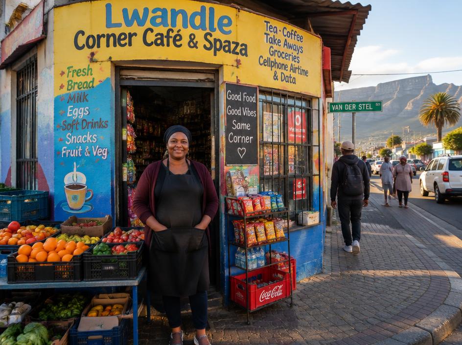 A shop owner outside her corner café and spaza shop in Cape Town