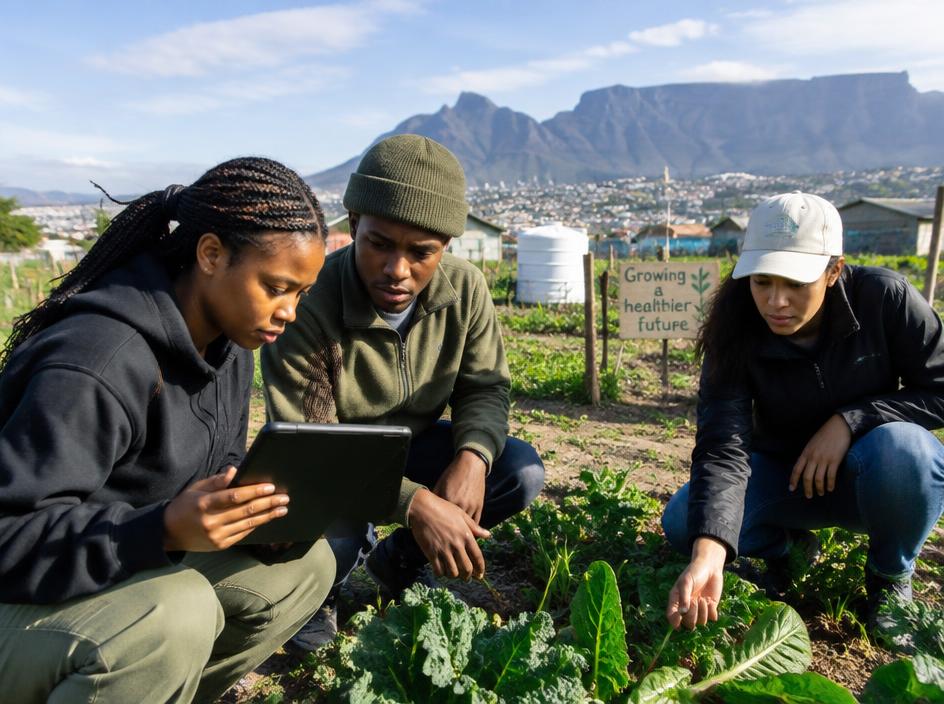 An innovation team testing ideas at a community garden with Table Mountain behind