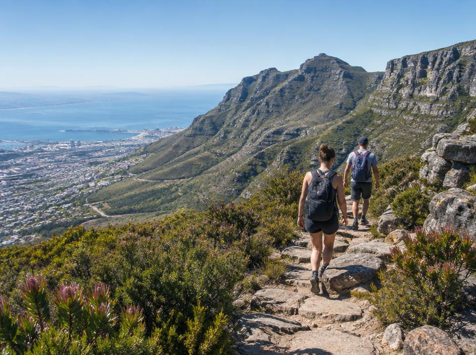 Hikers on a Table Mountain trail above Cape Town