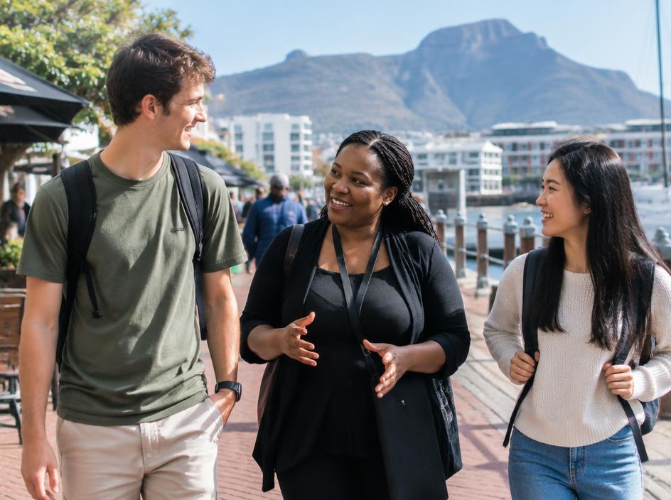 A local program coordinator walking with two students